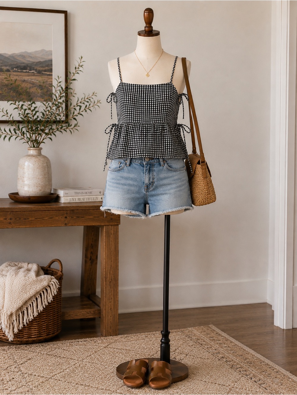 Monteau Black Gingham Tie-Shoulder Peplum Cami